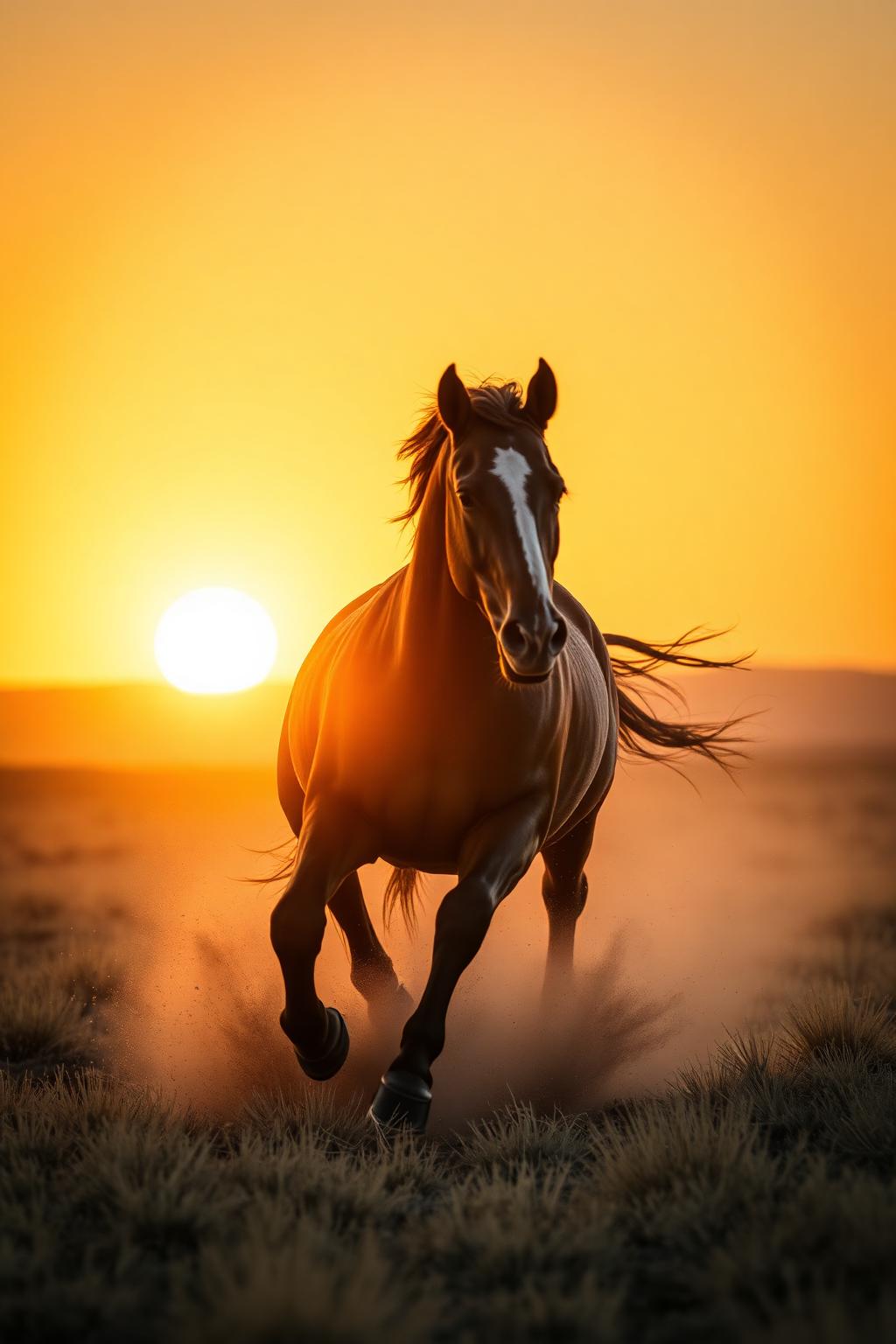 A wild mustang galloping at sunset